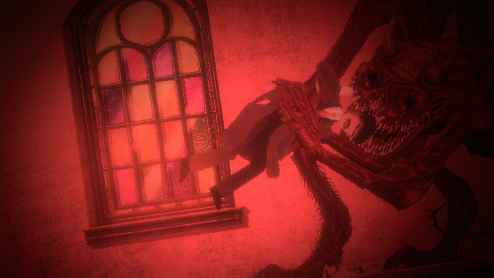 A hulking, many-eyed monster tears at a victim beside a glowing stained-glass window, bathed in blood-red light