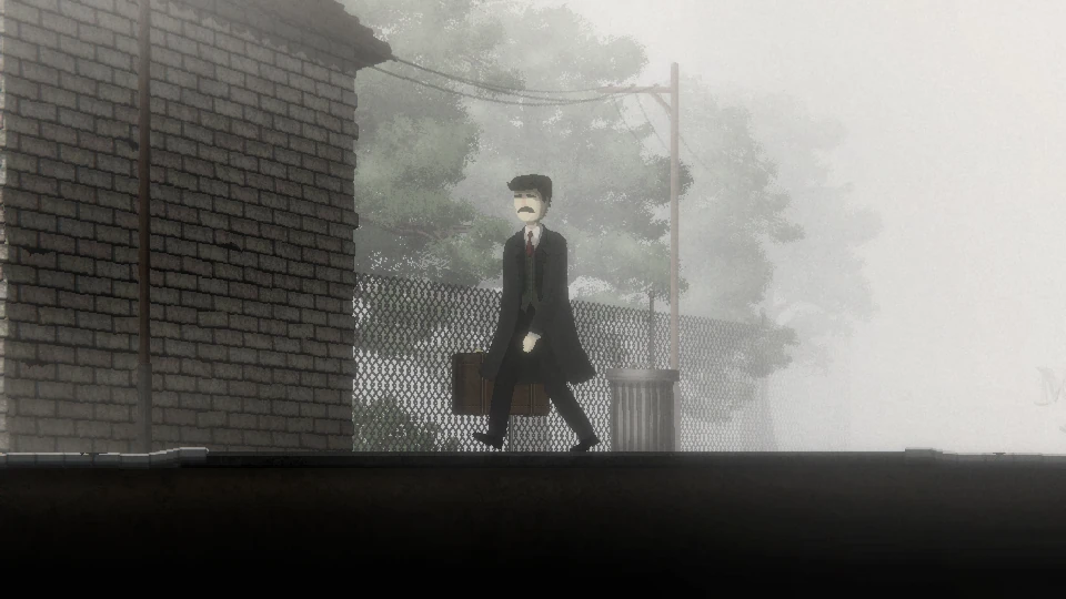 Walter Miller walks past a brick building and a chain-link fence, suitcase in hand, into thick white fog