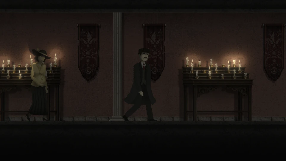 A woman in a wide-brimmed hat and Walter Miller pass through a dim hall lined with votive candles and dark hanging banners