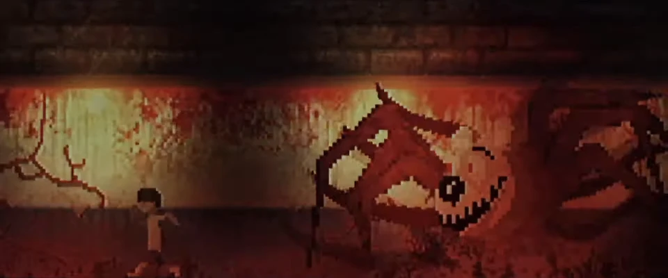 A young boy runs along a blood-red wall as a grinning, spider-like pixel-art creature lunges after him