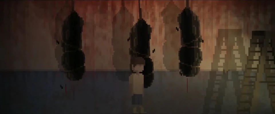William stands beneath three rope-bound bodies hanging from the ceiling of a dim, blood-stained room