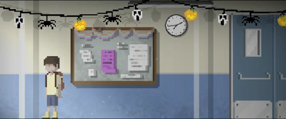 William, carrying his school backpack, stands in a school hallway decorated for Halloween with pumpkins, paper ghosts and spiders